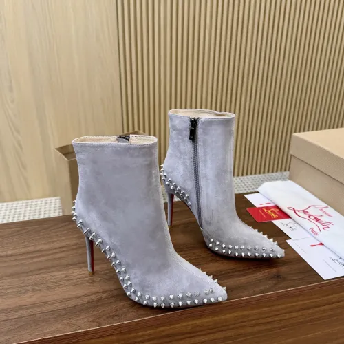 Christian Louboutin Grey Suede Studded Ankle Boots, Pointed Toe, 100mm Stiletto Heel, Red Sole for Women #A69804