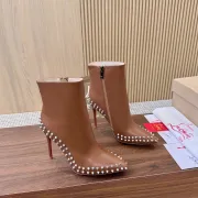 Christian Louboutin Tan Leather Studded Ankle Boots, Pointed Toe, 100mm Stiletto Heel, Red Sole #A69803