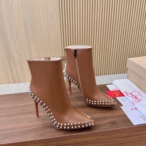 Christian Louboutin Tan Leather Studded Ankle Boots, Pointed Toe, 100mm Stiletto Heel, Red Sole #A69803