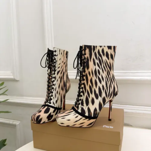 Christian Louboutin Tie-Dye Lace-Up Ankle Boots with Red Sole & Green Trim – Women’s High-Heel Boots #A69839