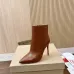 Christian Louboutin Women’s CL Boots – Tan Leather Pointed Toe Ankle Boots with Red Sole & 100mm Stiletto Heel #A69799