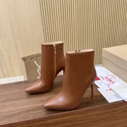 Christian Louboutin Women’s CL Boots – Tan Leather Pointed Toe Ankle Boots with Red Sole & 100mm Stiletto Heel #A69799
