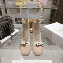 Dior Beige Suede Ankle Boots for Women with Logo Ribbon Strap & Block Heel #A69852