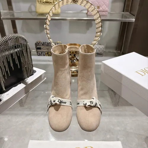 Dior Beige Suede Ankle Boots for Women with Logo Ribbon Strap & Block Heel #A69852