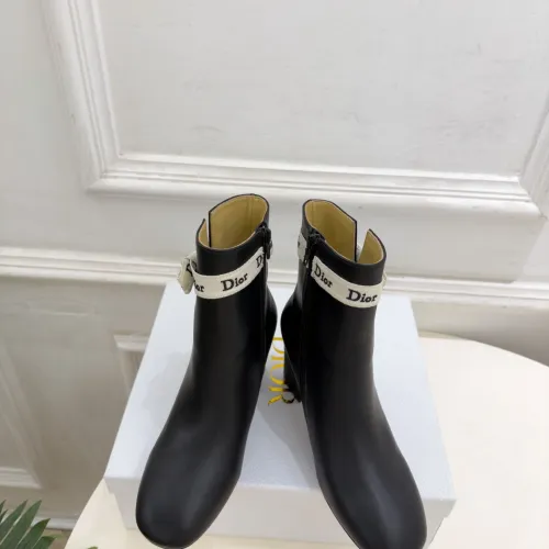 Dior Black Leather Ankle Boots for Women – Classic Block Heel, Side Zip, Logo Tape Detail #A69895