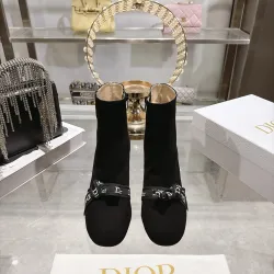 Dior Black Suede Ankle Boots for Women with Logo Ribbon Strap & Block Heel #A69851