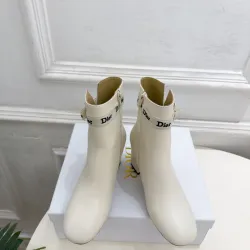 Dior Women’s Cream Leather Ankle Boots with Logo Ribbon and Low Heel #A69896