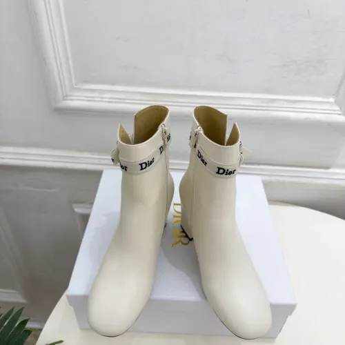 Dior Women’s Cream Leather Ankle Boots with Logo Ribbon and Low Heel #A69896