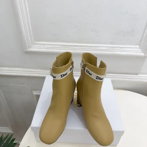 Dior Women’s Tan Leather Ankle Boots with Signature Tape Strap and Block Heel #A69897