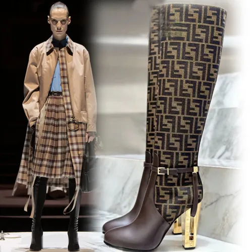 Fendi Women's Knee   High Boots  Iconic FF Monogram with Gold Heel Detail for Luxury Fashion Lovers #B56268
