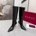 Gucci Women’s Black Leather Knee-High Boots with Pointed Toe & Gold Stiletto Heel #A69820