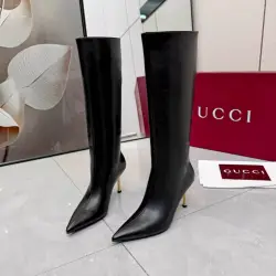 Brand G Women’s Black Leather Knee-High Boots with Pointed Toe & Gold Stiletto Heel #A69820