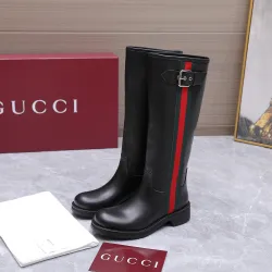 Gucci Women’s Black Leather Knee-High Boots with Red/Green Web Stripe & Side Buckle #A69886