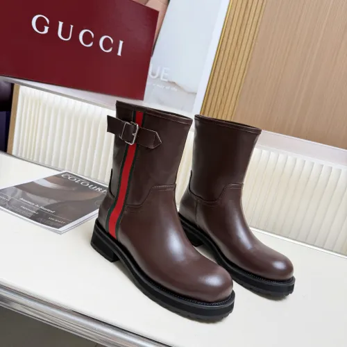 Gucci Women’s Brown Leather Ankle Boots with Red/Green Web Strap & Buckle Detail #A69842