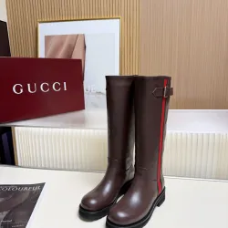 Brand G Women’s Brown Leather Knee-Height Boots with Red/Green Web Stripe & Side Buckle #A69840