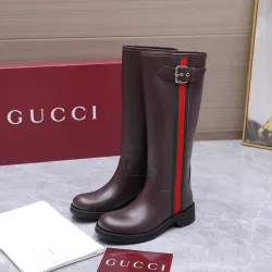 Gucci Women’s Brown Leather Knee-High Boots with Red/Green Web Stripe & Buckle Detail #A69885