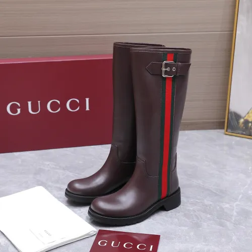 Gucci Women’s Brown Leather Knee-High Boots with Red/Green Web Stripe & Buckle Detail #A69885