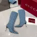 Gucci Women’s Denim-Textured Knee-High Boots with GG Monogram, Pointed Toe, Stiletto Heel #A69817