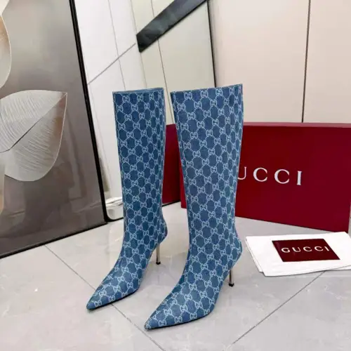 Gucci Women’s Denim-Textured Knee-High Boots with GG Monogram, Pointed Toe, Stiletto Heel #A69817