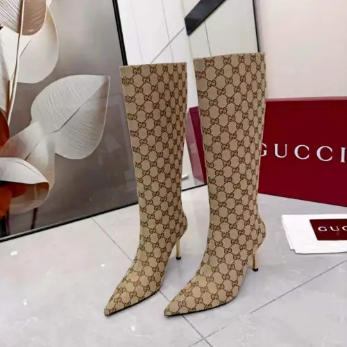 Gucci Women’s Knee-High Boots with GG Monogram Canvas, Pointed Toe, 10cm Stiletto Heel #A69819