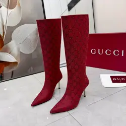 Brand G Women’s Red GG Canvas Knee-High Boots with Pointed Toe & Metal Stiletto Heel #A69818