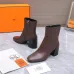 HERMES Brown Leather Ankle Boots with Block Heel, Side Zip Closure, Square Toe Women’s Shoes #A69883