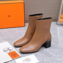 HERMES Women’s Tan Leather Ankle Boots with Block Heel & Side Zip Closure #A69884