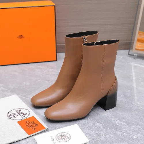 HERMES Women’s Tan Leather Ankle Boots with Block Heel & Side Zip Closure #A69884