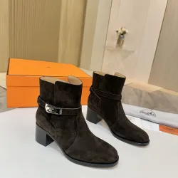 Hermès Suede Metal‑Lock Block‑Heel Ankle Boots 6cm Heel #A68595