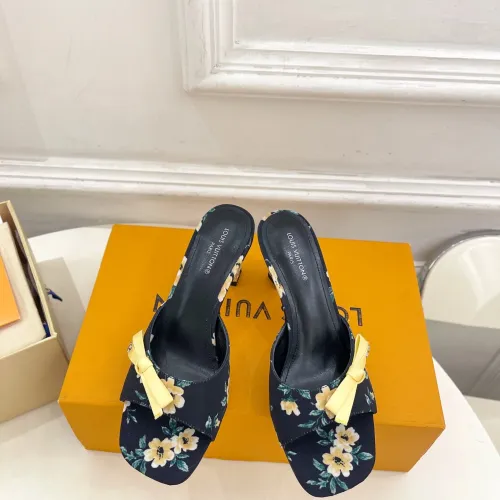 LV CUBE Metal Block Heel Silk Slide Sandals 6.5cm Heel #A68687