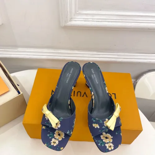 LV CUBE Metal Block Heel Silk Slide Sandals 6.5cm Heel #A68688