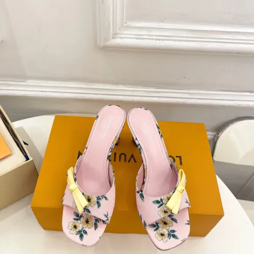 LV CUBE Metal Block Heel Silk Slide Sandals 6.5cm Heel #A68689