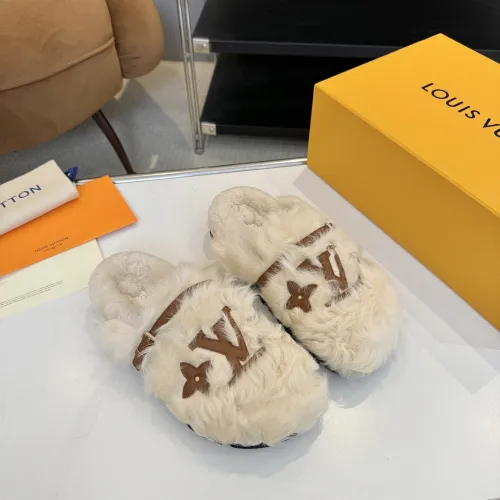 Louis Vuitton Cozy Fluffy Slippers with Leather Straps and Brand Embellishments #B54550