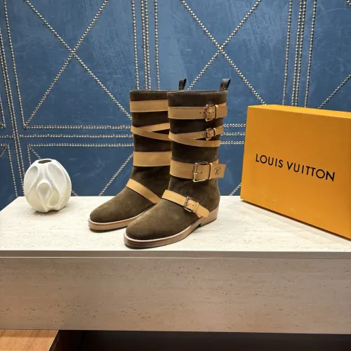 LV Suede Multi‑Buckle Mid‑Calf Rider Boots Flat Sole #A68631