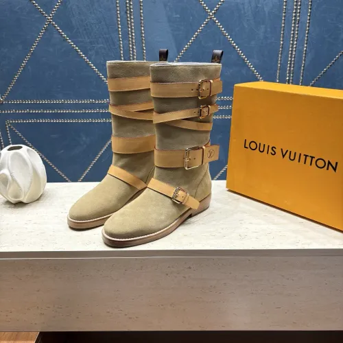 LV Suede Multi‑Buckle Mid‑Calf Rider Boots Flat Sole #A68633