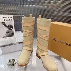 LV Vintage Multi‑Strap Suede Knee‑High Rider Boots Block Heel #A68586