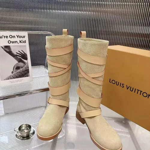 LV Vintage Multi‑Strap Suede Knee‑High Rider Boots Block Heel #A68586