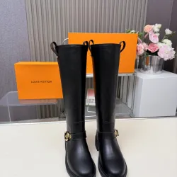Brand L Black Women’s Knee-High Boots with Gold Buckle Strap & Pull Tabs #A69871