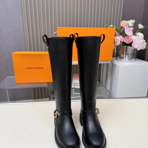 Louis Vuitton Black Women’s Knee-High Boots with Gold Buckle Strap & Pull Tabs #A69871
