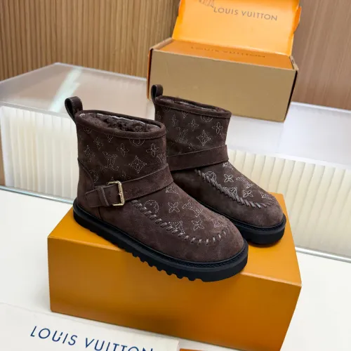 Louis Vuitton Brown Suede Winter Boots with Monogram Embroidery, Adjustable Buckle, and Chunky Sole #A69816
