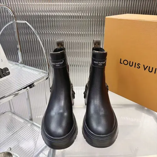 Louis Vuitton Women’s Black Leather Chelsea Boots with Monogram Trim & Chunky Sole #A69827