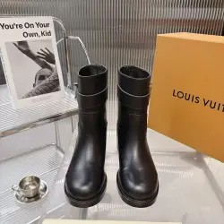 Brand L Women’s Black Leather Knee Boots with Adjustable Strap & Low Block Heel #A69829