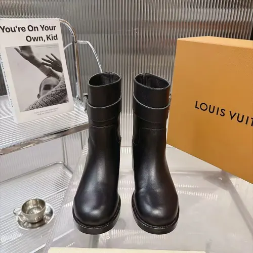 Louis Vuitton Women’s Black Leather Knee Boots with Adjustable Strap & Low Block Heel #A69829