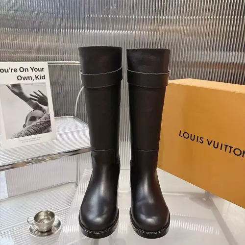 Louis Vuitton Women’s Black Leather Knee Boots with Adjustable Strap and Low Block Heel #A69828