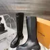 Louis Vuitton Women’s Black Leather Knee-Height Boots with Chunky Sole and Logo Tab #A69826