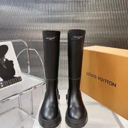 Brand L Women’s Black Leather Knee-Height Boots with Chunky Sole and Logo Tab #A69826