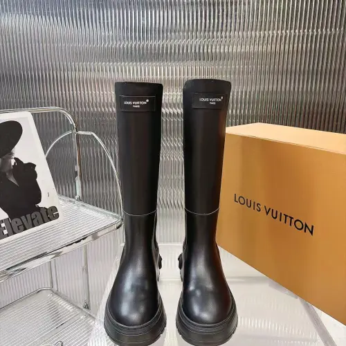 Louis Vuitton Women’s Black Leather Knee-Height Boots with Chunky Sole and Logo Tab #A69826