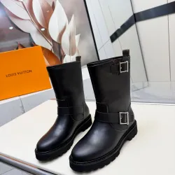 Brand L Women’s Black Leather Mid-Calf Boots with Adjustable Buckle Straps and Chunky Tread Sole #A69872