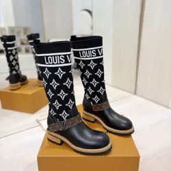 Louis Vuitton Women’s Black Leather & Monogram Knit Boots with Brown LV Belt Strap #A69916