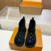 Louis Vuitton Women’s Black Suede Ankle Boots with Monogram Embossing, Shearling Lining & Chunky Sole #A69814